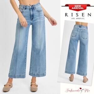 RISEN High Rise Contrast Stitching Light Blue Wash Cropped Wide Leg Denim Jeans